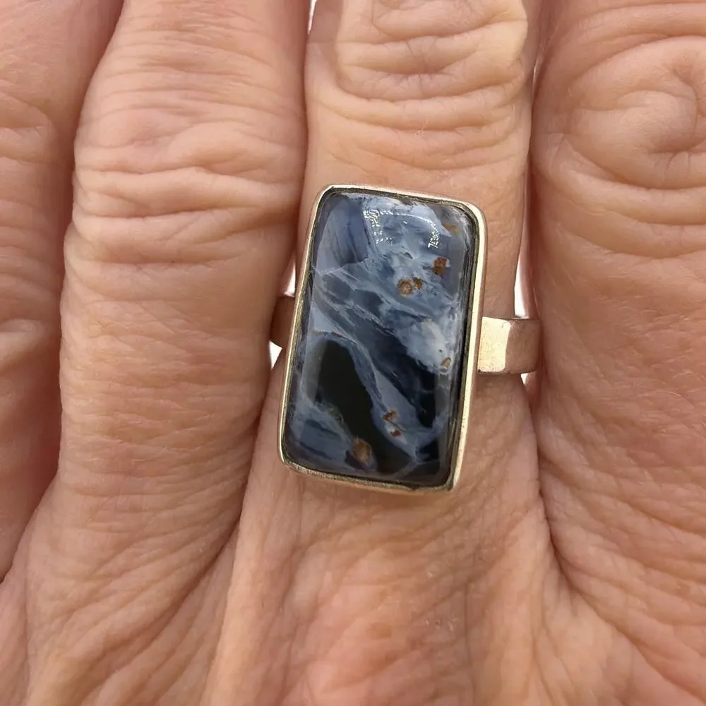 Rectangular Blue Pietersite Sterling Silver Ring Artisan Jewelry 8.5
